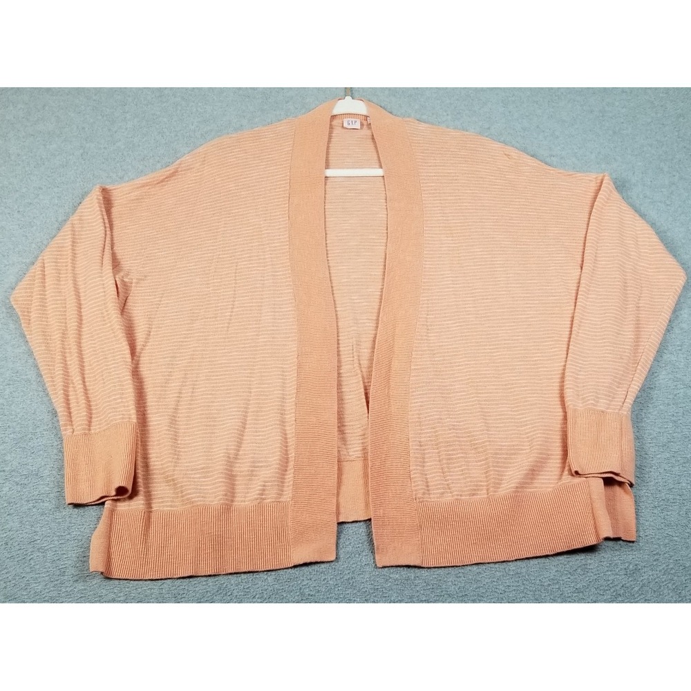 GAP Cardigan Sweater Women Large L Orange Striped Open Front Stretch Casual Knit